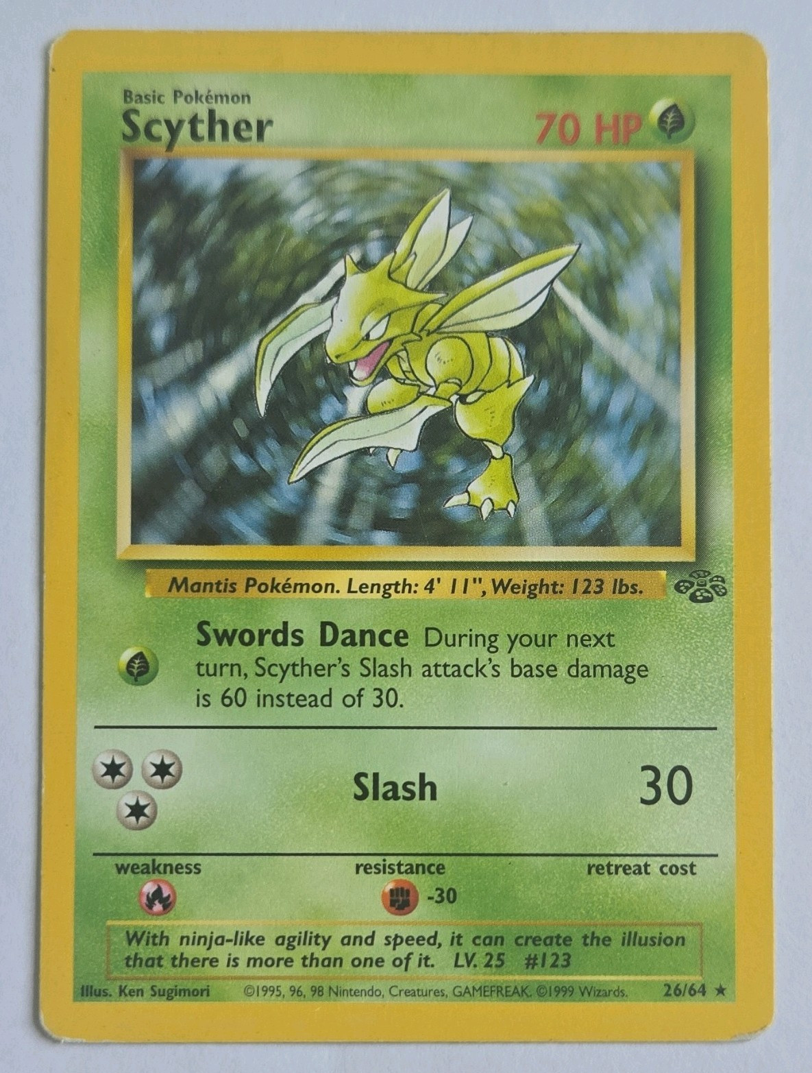 WOTC Pokémon Scyther Jungle 26/64 Raro Illimitato Regolare Inglese 1999 Vintage