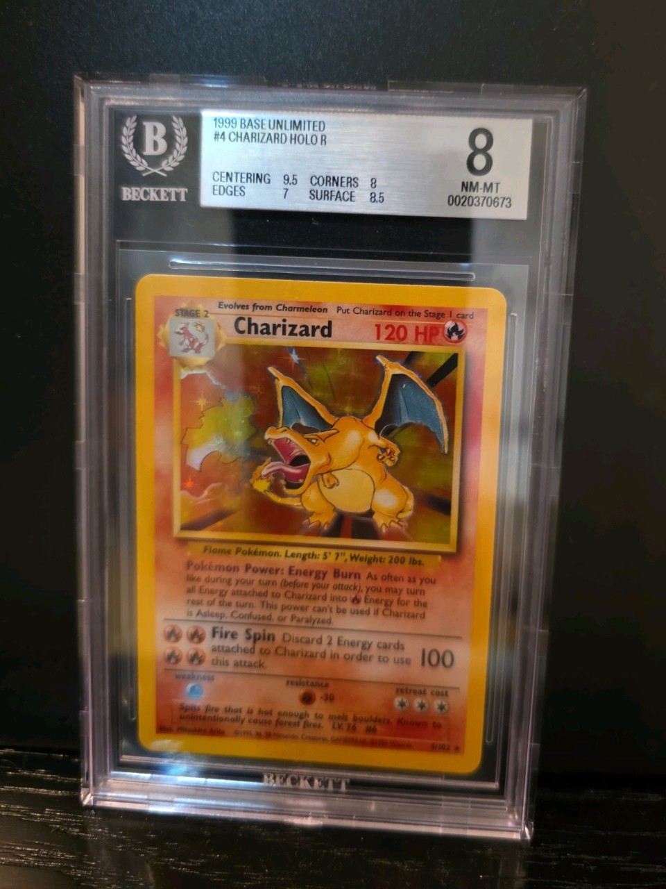 Pokemon 1999 Charizard Holo Set Base Illimitato 4/102, BGS 8