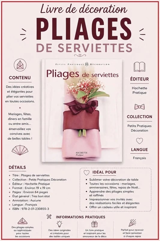 Plis de serviettes – Hachette Pratique – idées déco & pliages créatifs