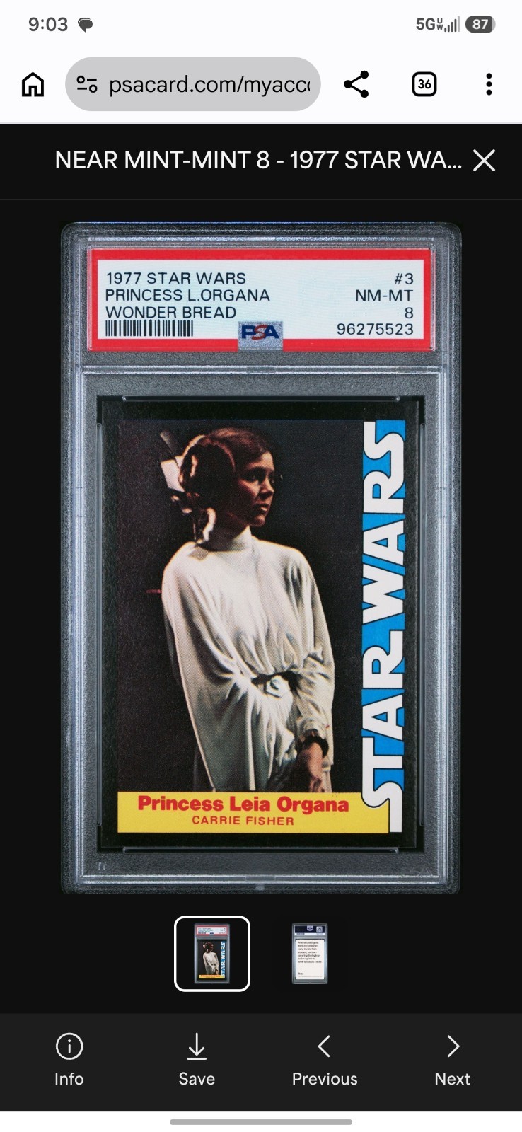 1977 Star Wars Wonder Bread Princess Leia Organa #3 PSA 8 NM-MT
