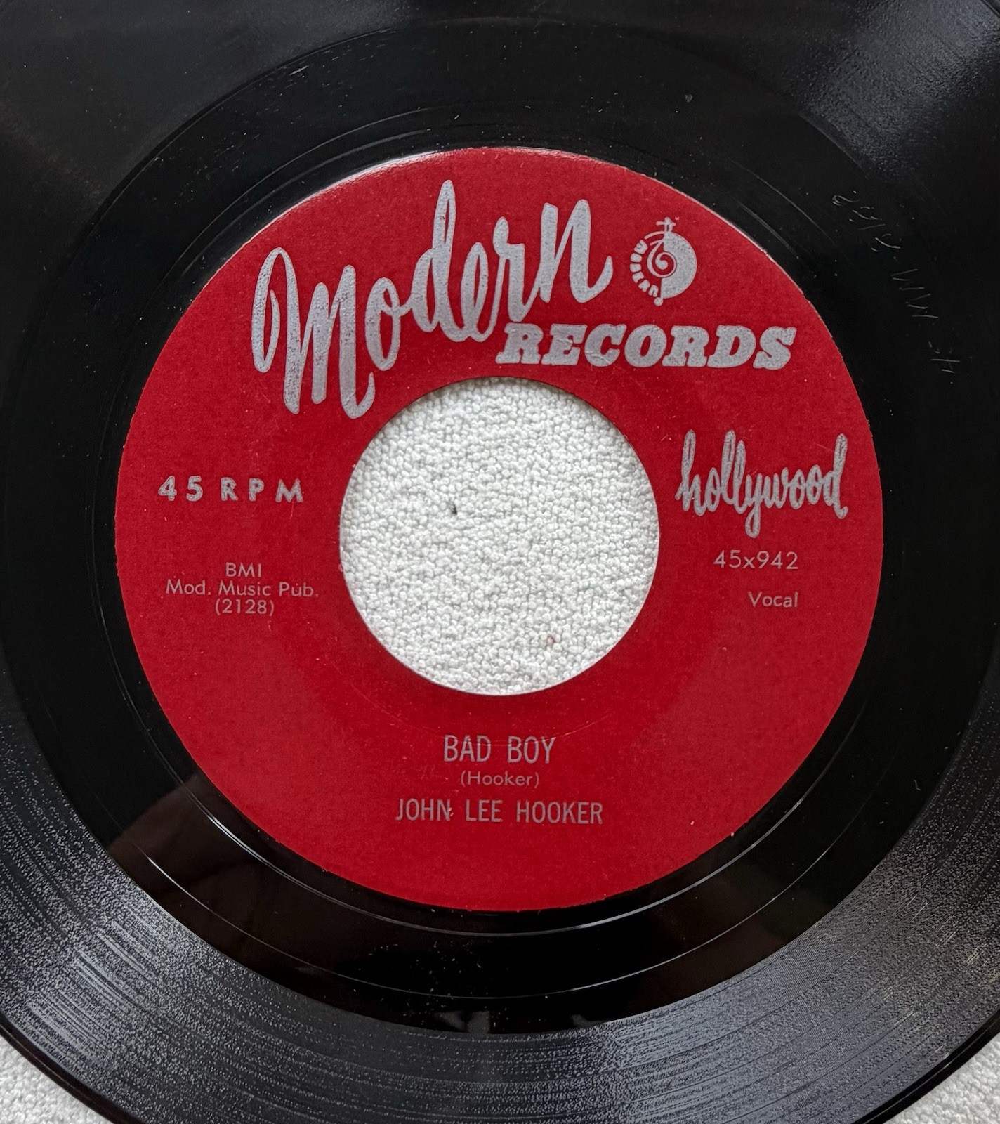 John Lee Hooker on Modern 942 “Bad Boy/Cool Little Car” rare blues 45 rpm record