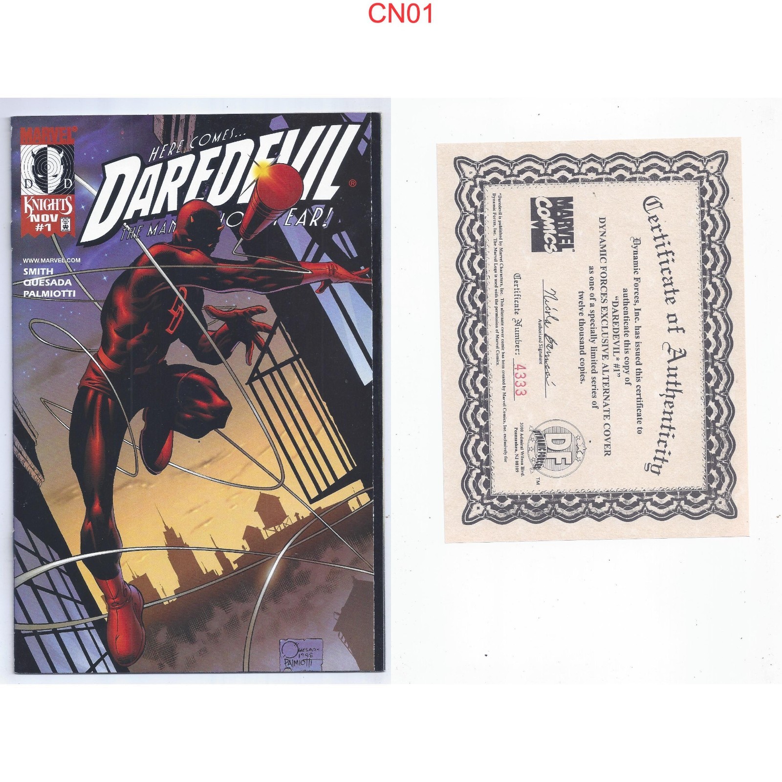 Daredevil #1 Dynamic Forces Quesada variante con CoA 1998 Marvel Knights VF cn01