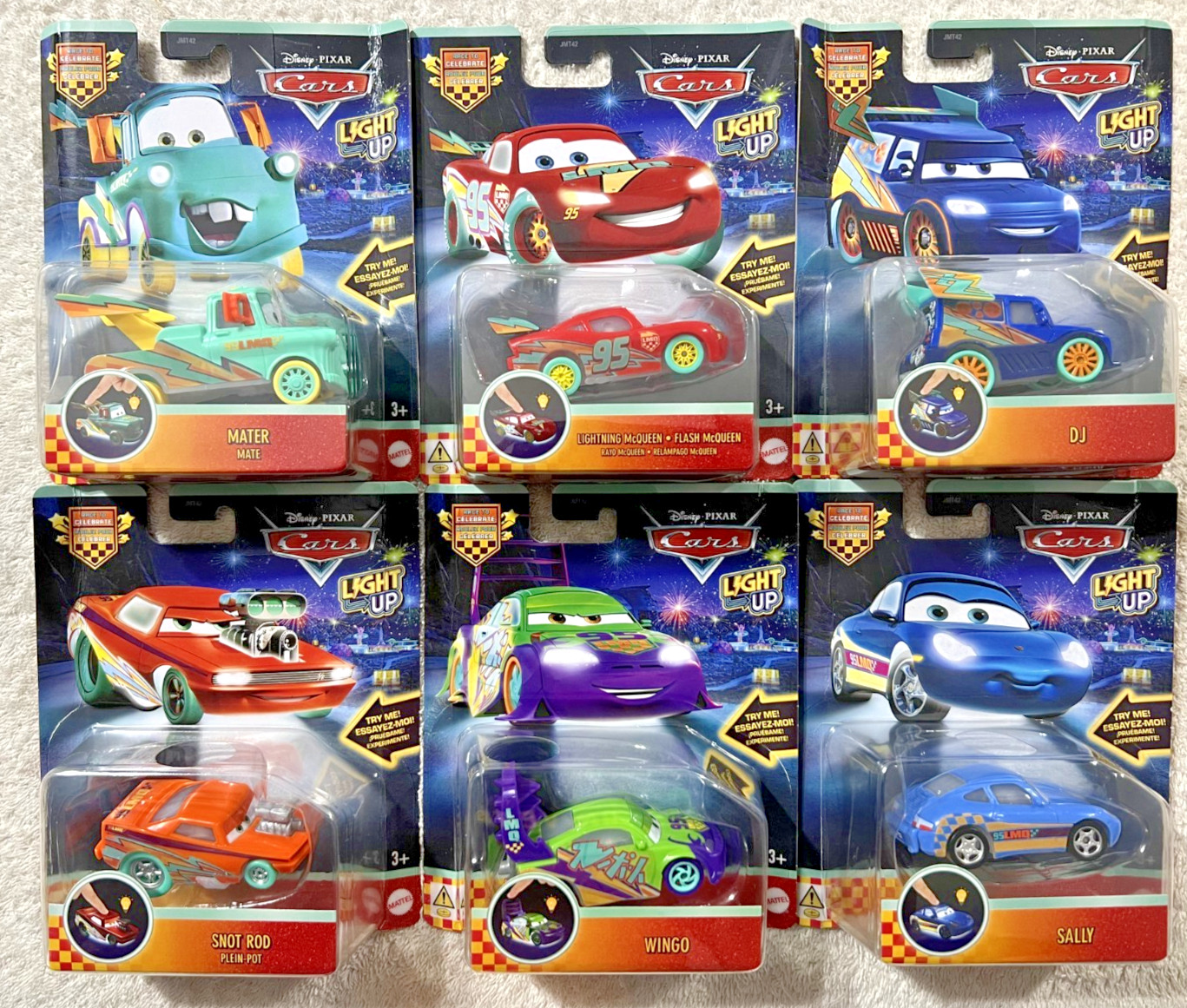 2026 DISNEY PIXAR CARS LIGHT UP RACE TO CELEBRATE SET OF 6  *NEW CREASED CARDS*