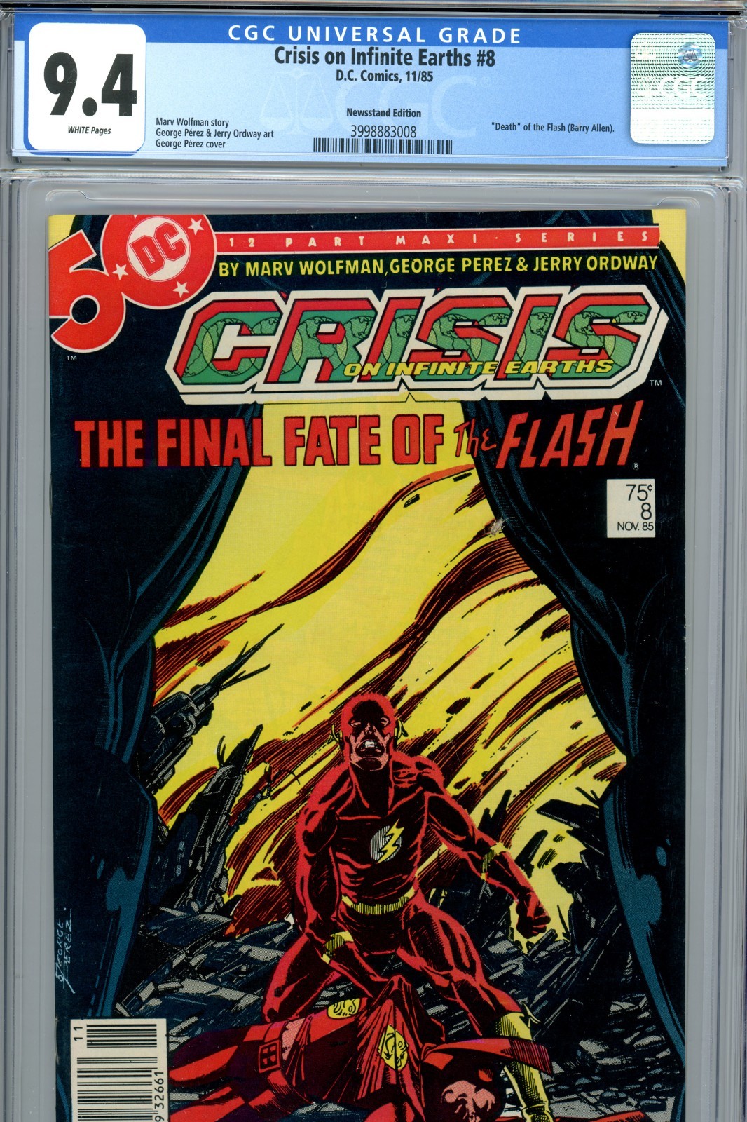 Crisis On Infinite Earths #8 (DC, 1985) CGC 9.4 WP Newsstand/  Death of Flash
