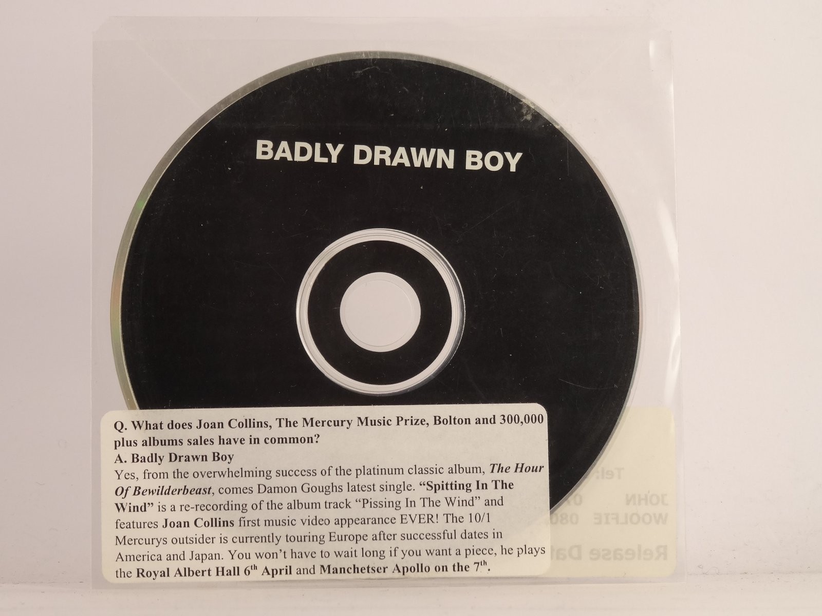 BADLY DRAWN BOY SPITTING IN THE WIND (G6) 1 Track Promo CD Single plus Plastic S