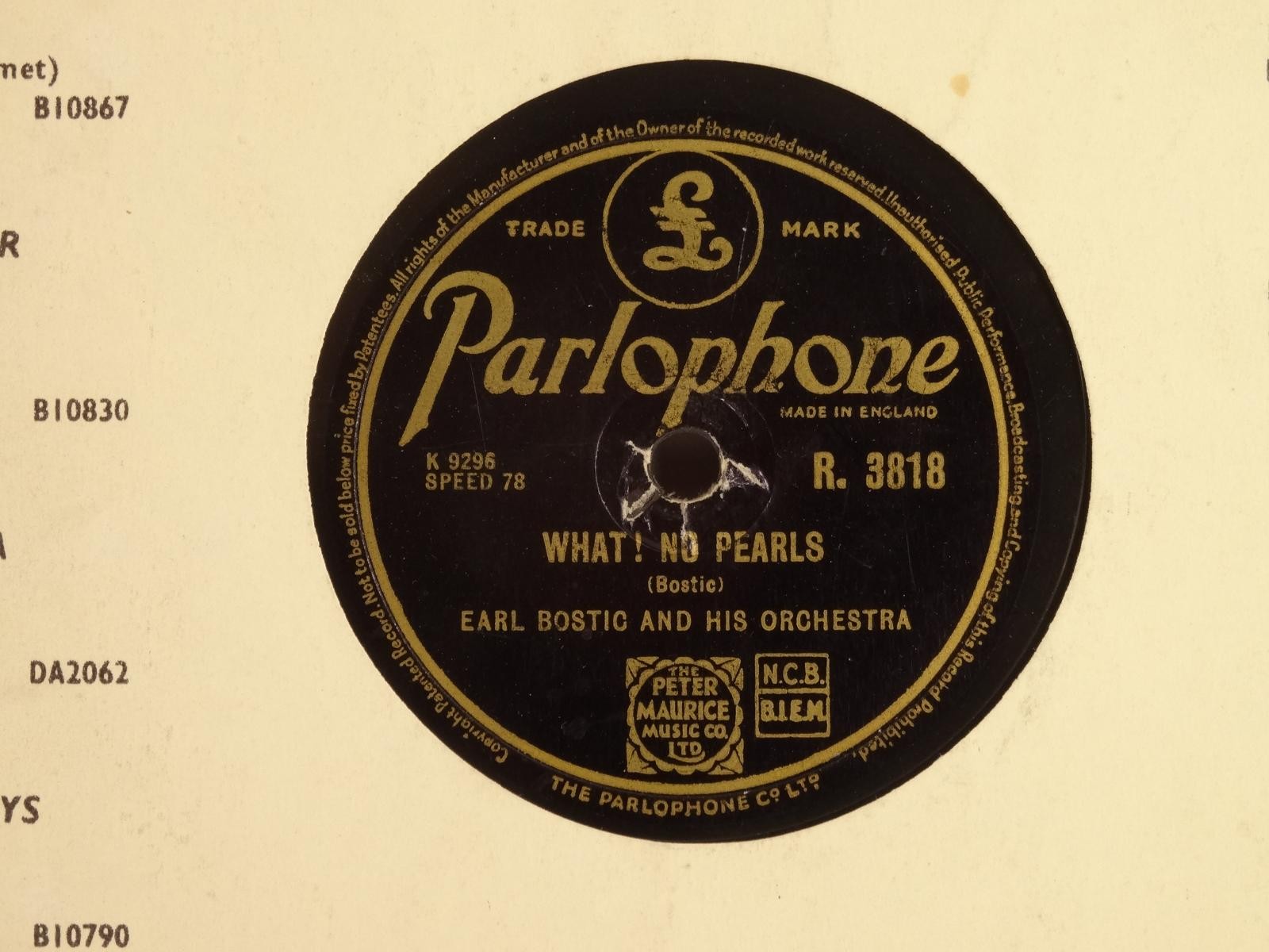 EARL BOSTIC AND HIS ORCHESTRA WHAT! NO PEARLS (412) 78 RPM PARLOPHONE