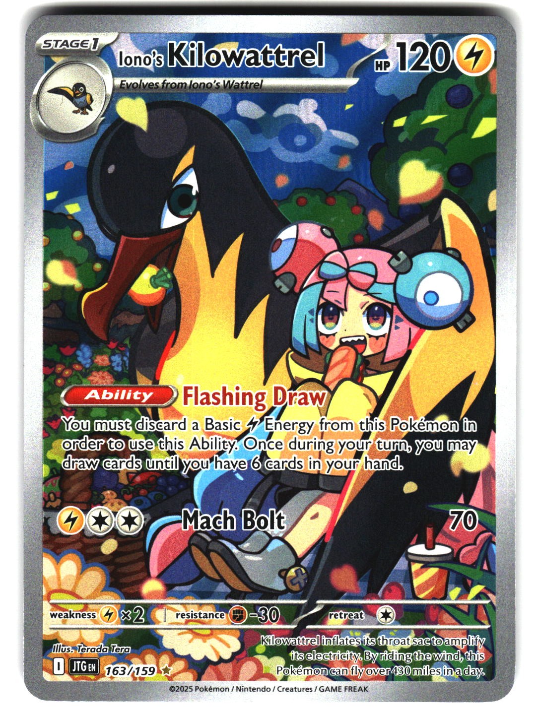 Kilowattrel di Iono 163/159 Pokemon SV09: Viaggio Insieme Illustrazione Holo Rara