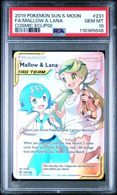PSA 10 MALVA & LANA 231 ECLISSI COSMICA SOLE E LUNA TAG TEAM TRAINER POKEMON