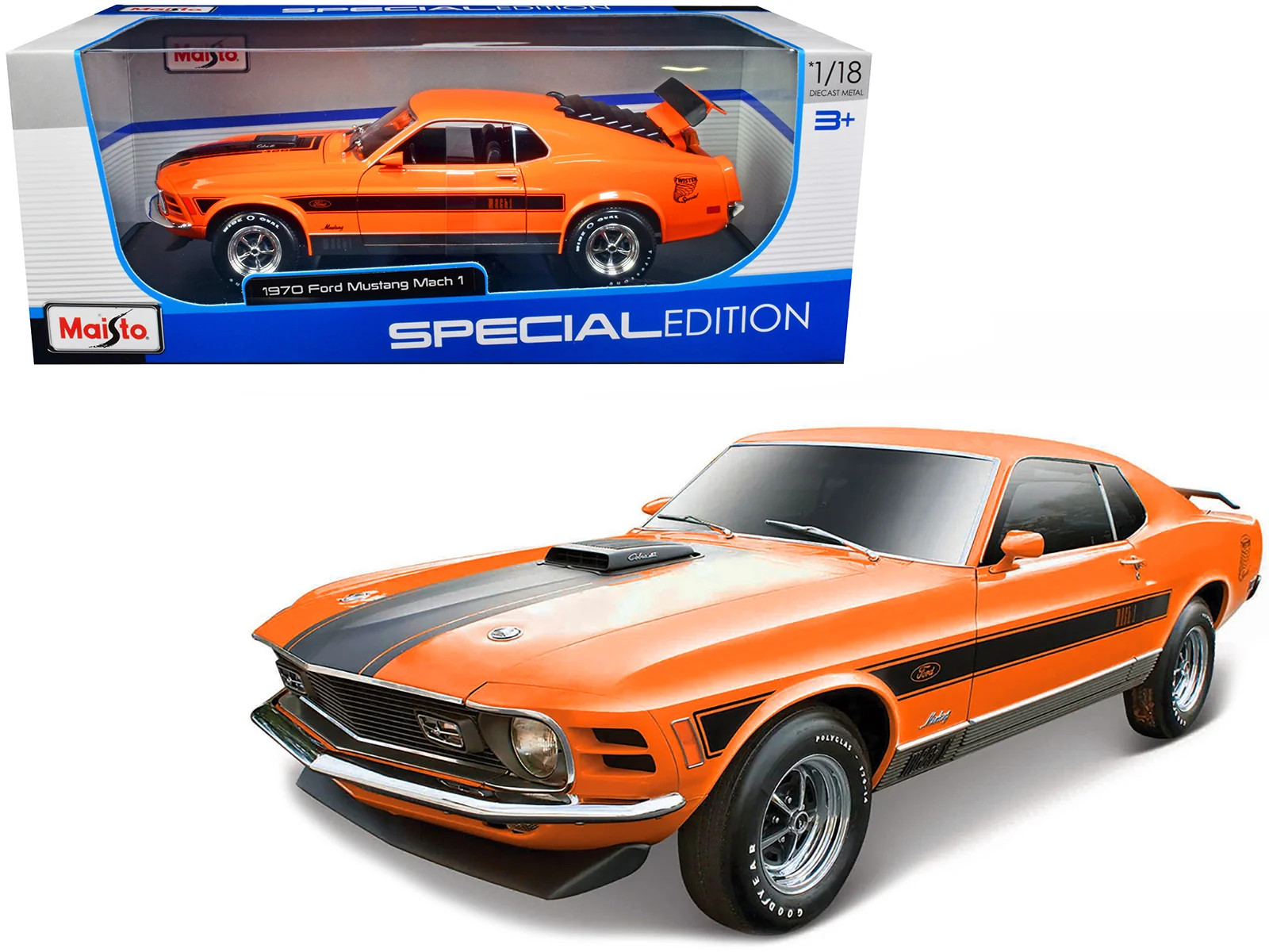 Modellino auto Ford Mustang Mach 1 428 arancione nero 1/18 pressofuso 1970 - Maisto