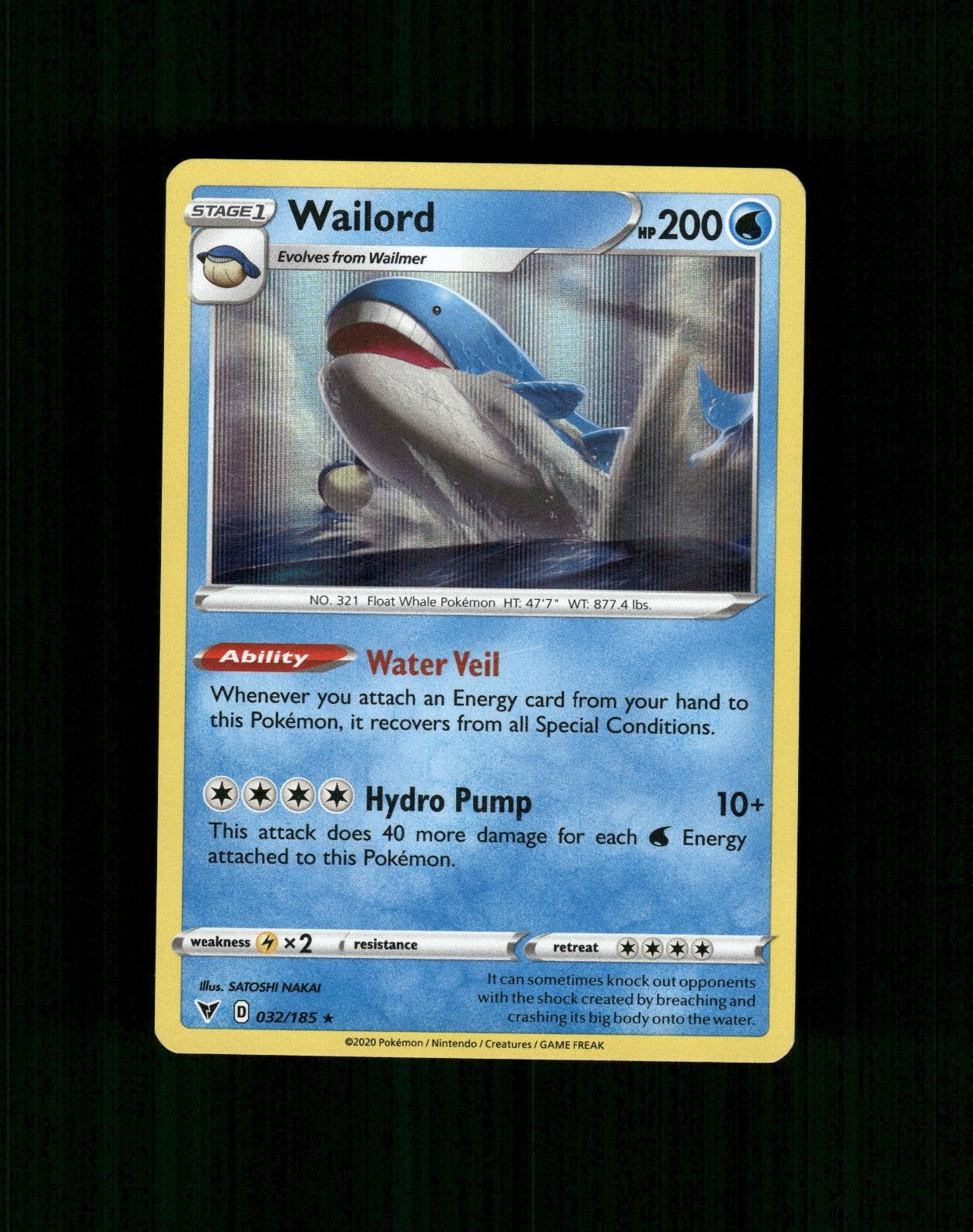 Wailord 032/185 Holo Raro Pokemon Vivid Voltage quasi come nuovo
