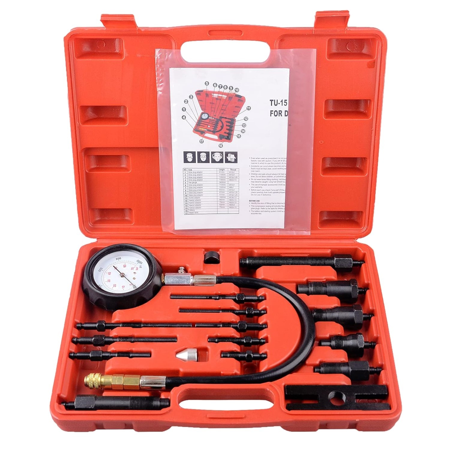 Kit tester compressione motore diesel, 17 pezzi, auto