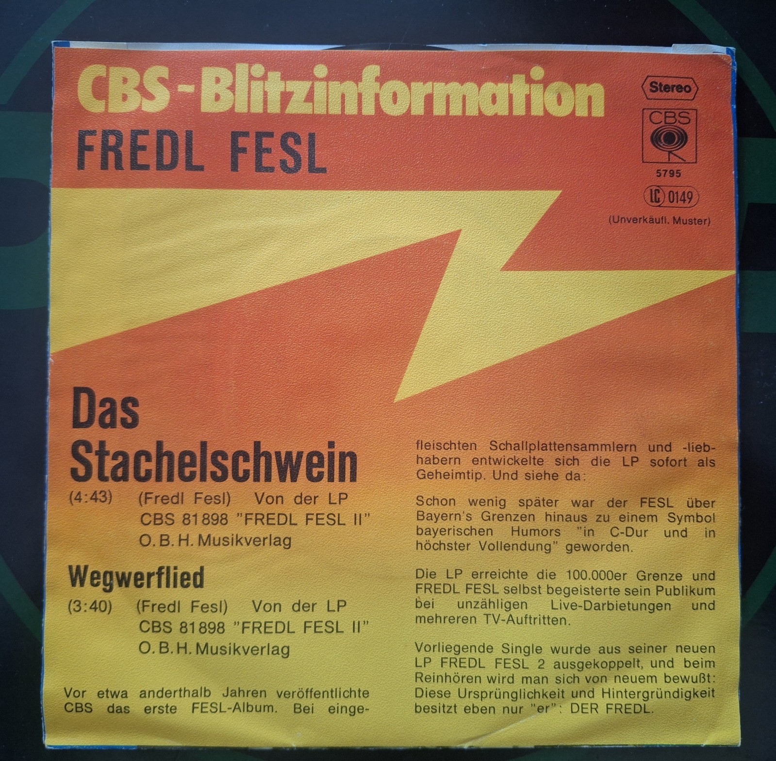 Fredl Fesl ‎– Das Stachelschwein 7" Single Vinyl Schallplatte Promo 1977 GER