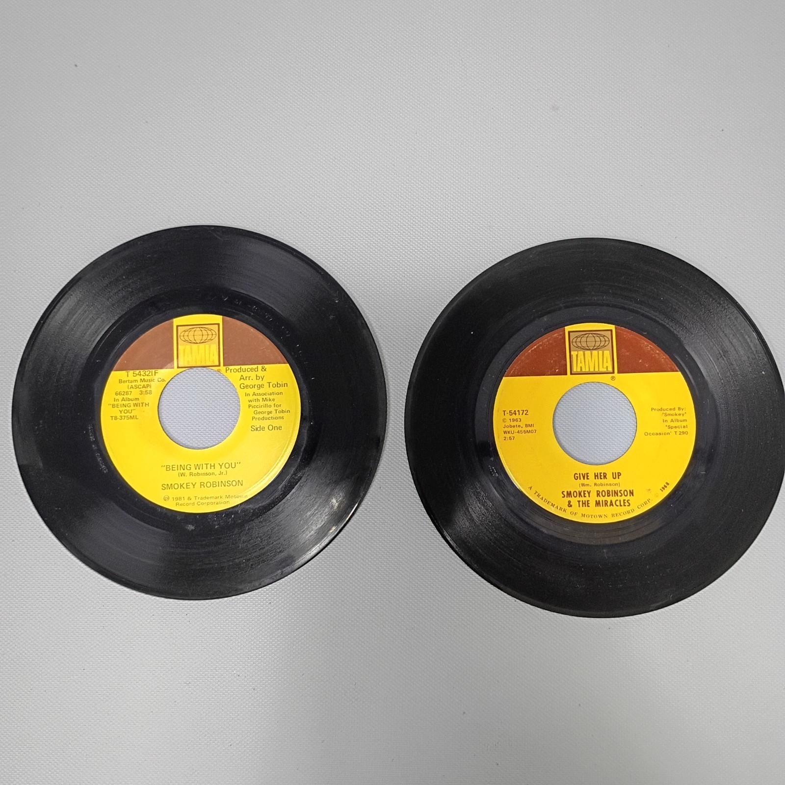 Lot Of 2 Smokey Robinson The Miracles 45 RPM Vinyl Give Her Up, Being With You
