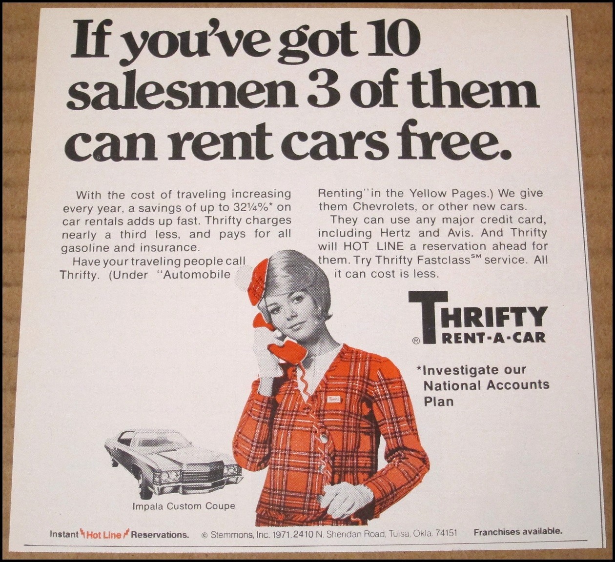 1971 Thrifty Rent-A-Car Print Ad Advertisement Clipping Car Rental 5"x5" Vintage