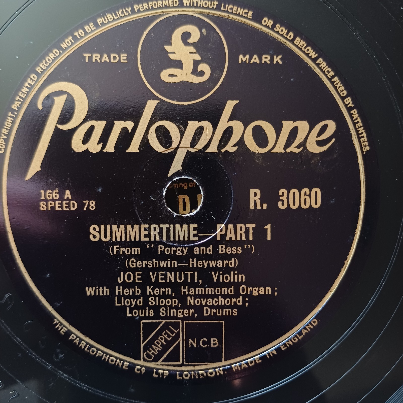 JOE VENUTI Summertime -Part 1 & 2 PARLOPHONE R3060 10" 78RPM Gramophone Record