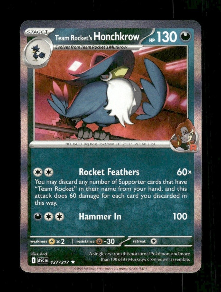 ME: Ascended Heroes Team Rocket's Honchkrow 127/217 Holo quasi nuovo