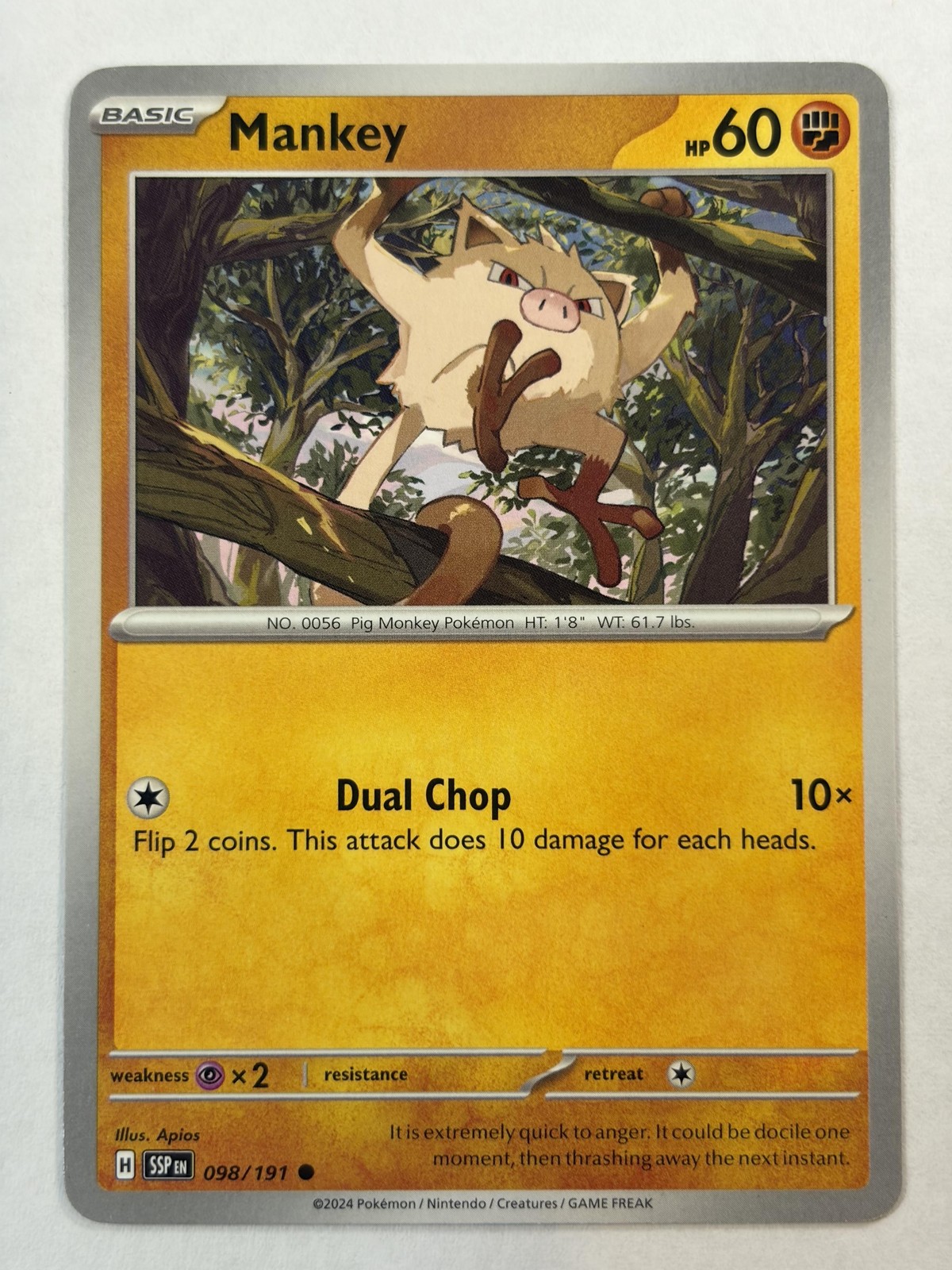 Pokémon Mankey 098/191 2024 Apios Carta Collezionabile Non Sportiva Pokemon TCG Card NM