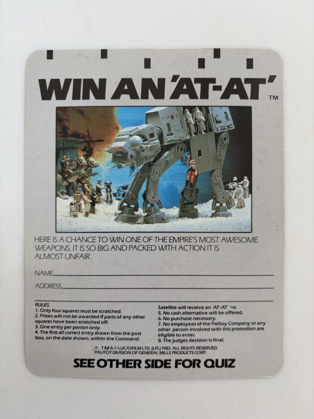 1983 Palitoy Star Wars Win an AT-AT" scheda concorso pubblicitaria gratta e vinci