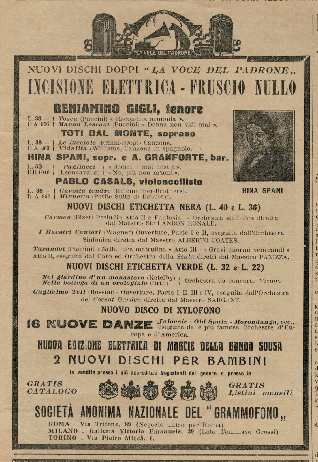 PUBBLICITA' ORIGINALE VINTAGE  DEL 1927 : LA VOCE DEL PADRONE - BENIAMINO GIGLI