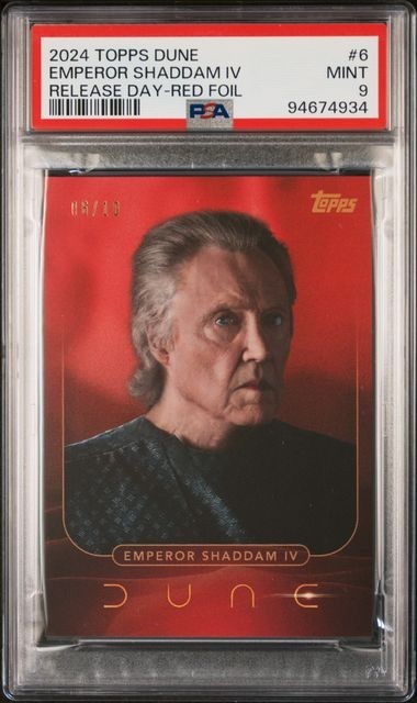 2024 TOPPS DUNE RELEASE DAY #6 EMPEROR SHADDAM IV RELEASE DAY-RED FOIL PSA 9