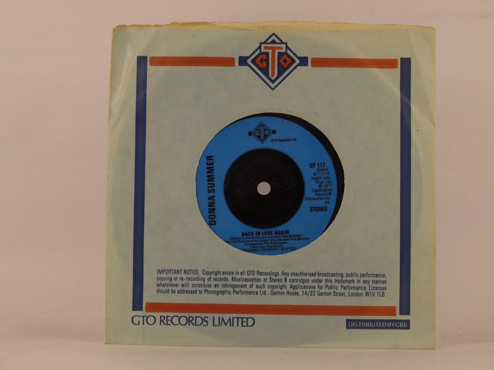 DONNA SUMMER BACK IN LOVE AGAIN (99) 2 Track 7" Single including Company Sleeve 