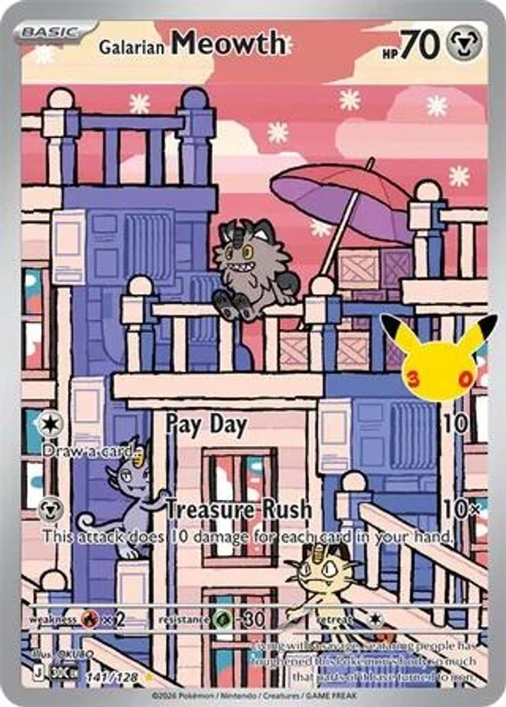 2026 Pokémon 30th Celebration Galarian Meowth Holo 141/128 Card NM
