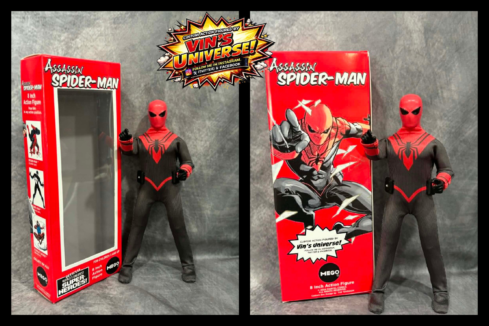 Custom 8" Mego Scale SpiderMan Assassin Peter Parker Action Figure & Display Box