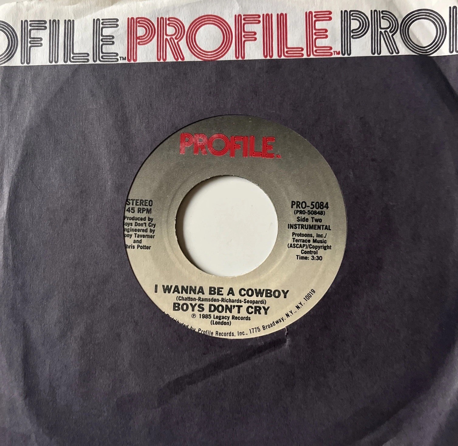 Boys Don't Cry - I Wanna Be A Cowboy 45rpm Profile 1985 Vinyl 45 rpm  PROMO!