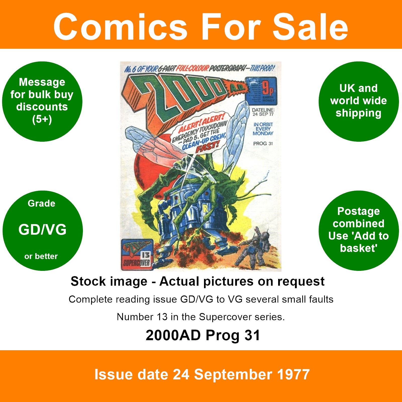 2000AD prog #31 comic - GD/VG - Supercover 13 - 24 September 1977
