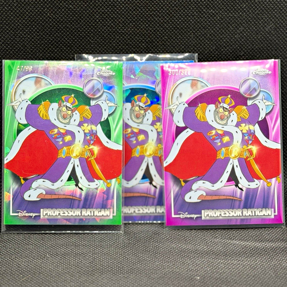 Lotto 3 carte Topps Chrome Disney Professor Ratigan #41 numerate in serie