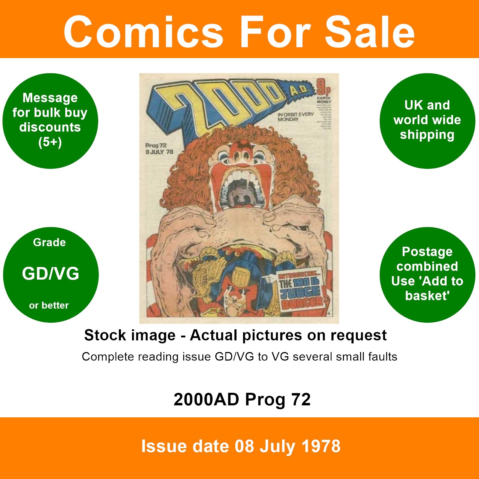 2000AD prog #72 comic - GD/VG - Banned issue - 08 July 1978