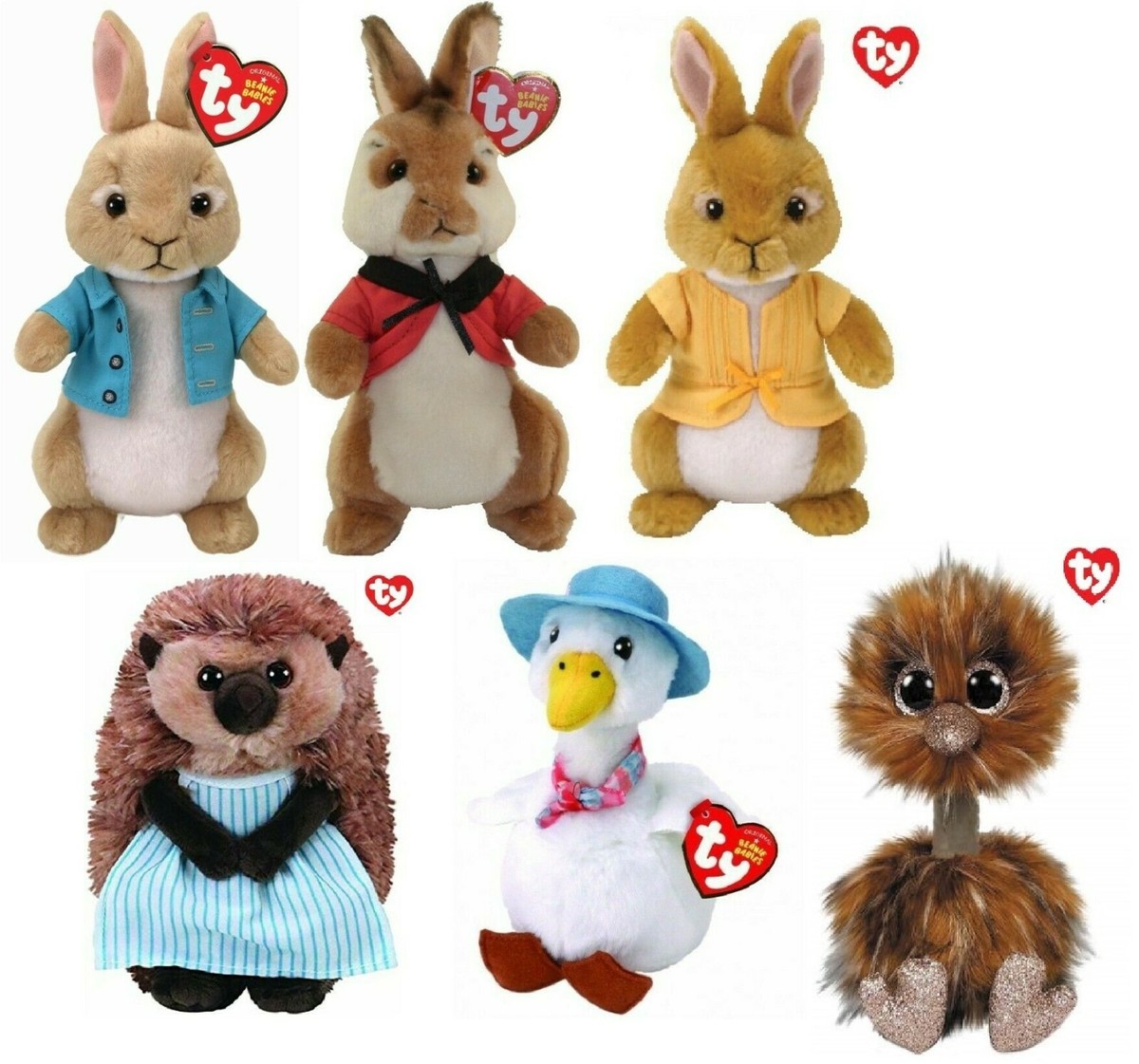 Ty Peter Rabbit Soft Toy Plush Rabbit Duck & Hedgehog With Glitter Eyes 15cm