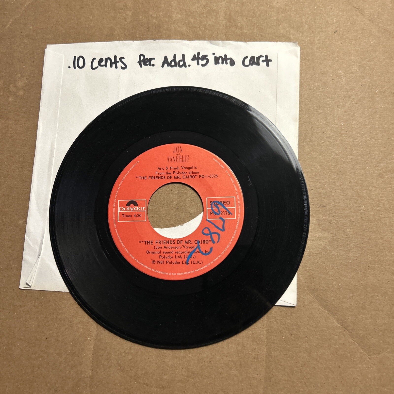 Jon VANGELIs Friends Of Mr. Cairo/The Road 1980 POLYdOR 45