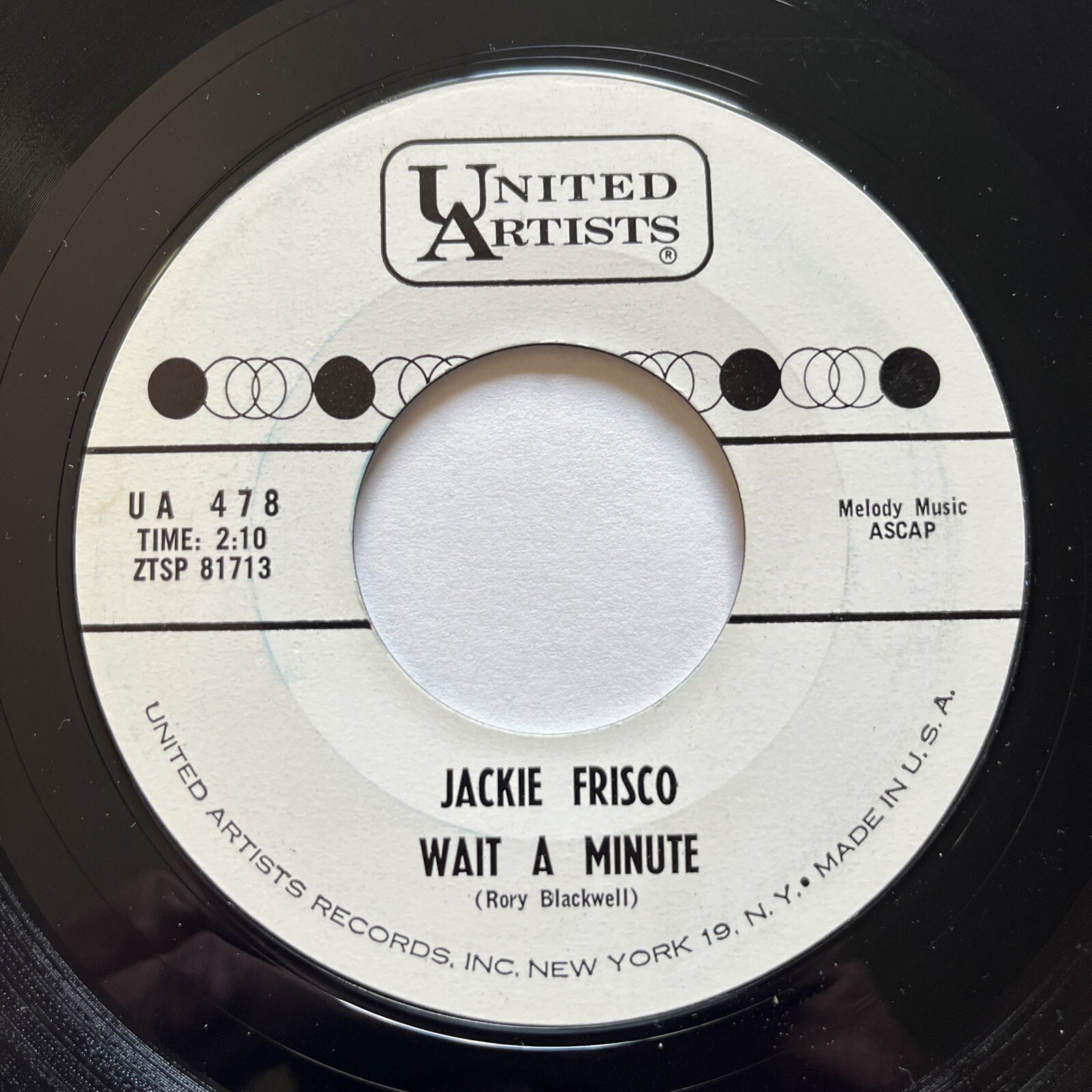 PROMO 45: Jackie Frisco – Wait A Minute / When You Ask About Love UA 478 Rocker