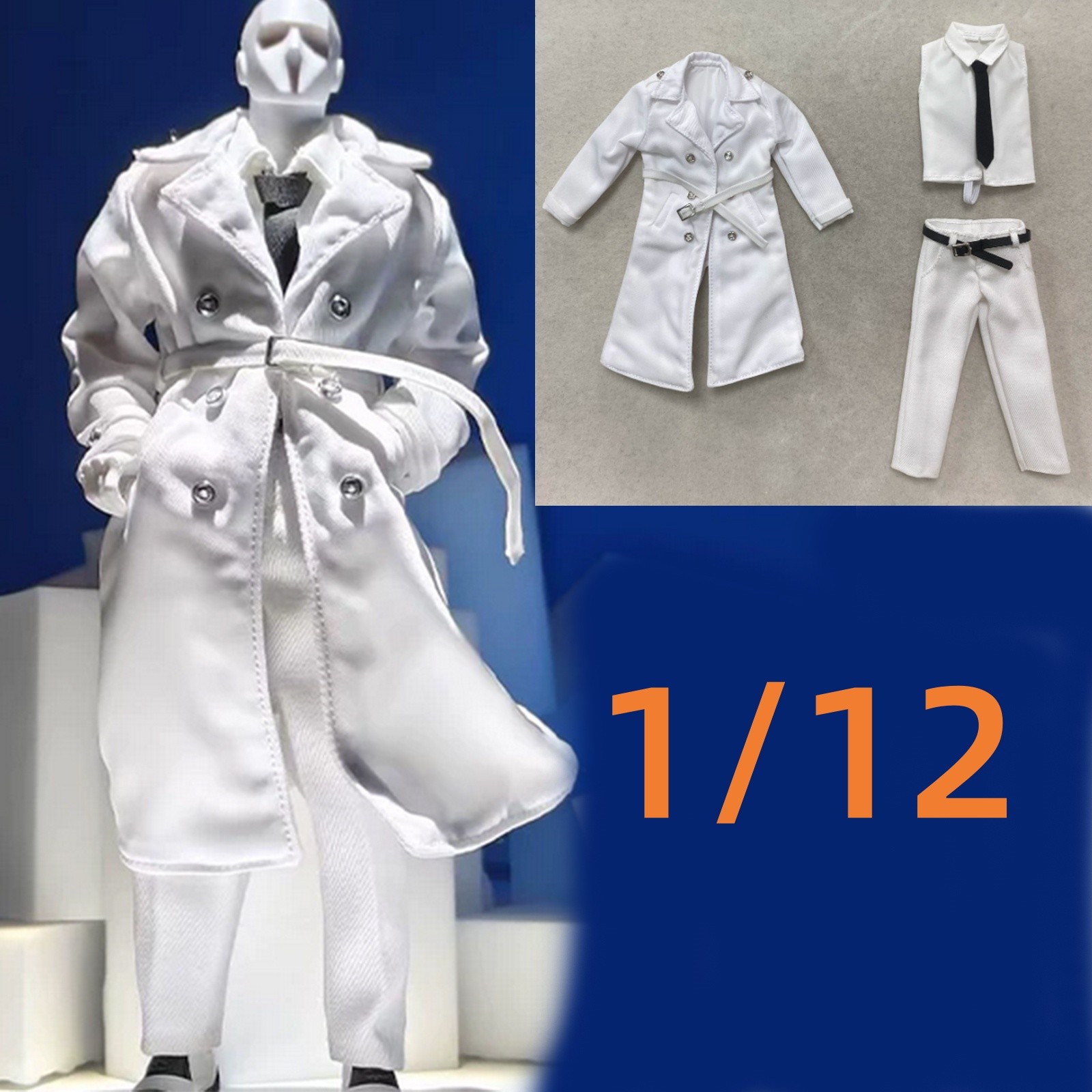 1/6 Male White Sleeveless Shirt Trench Coat Trousers set for 6" Figure Body
