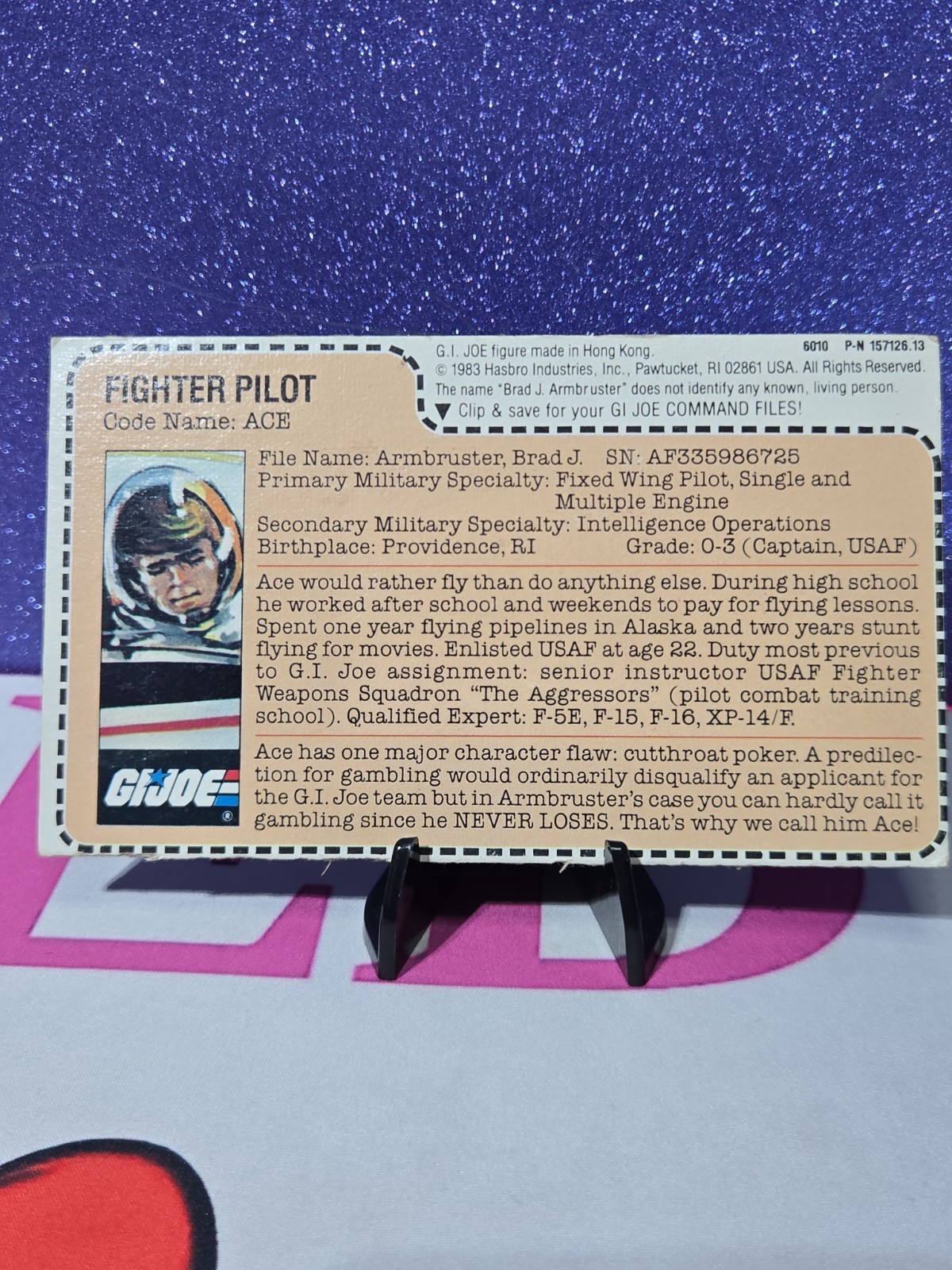 Vintage 1983 GI Joe Ace Skystriker Pilot File Card UNCUT Hasbro