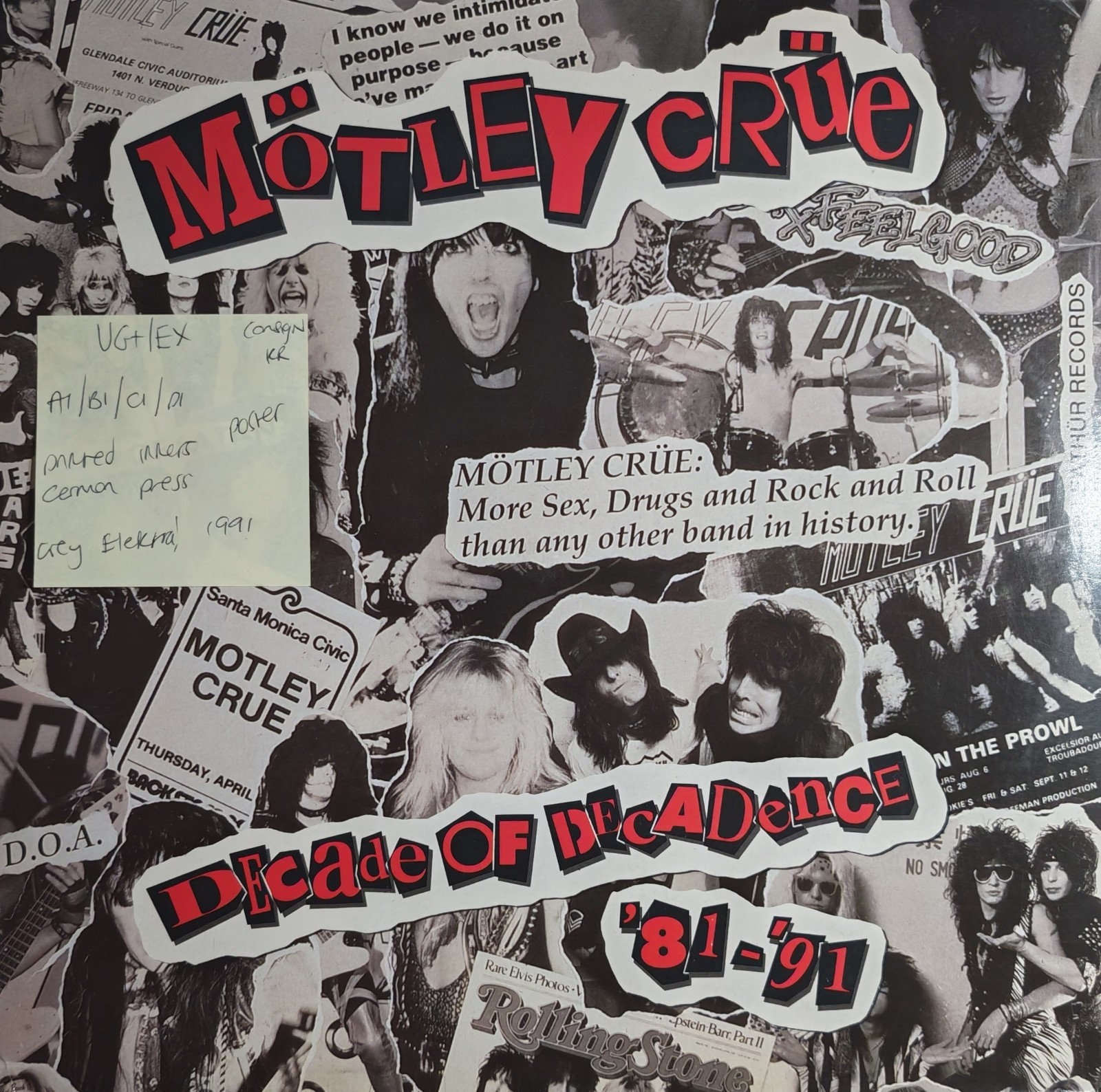 Motley Crue Decade Decadence '81-'91 Vinyl Record 2LP VG+/EX EKT95 1991 Poster