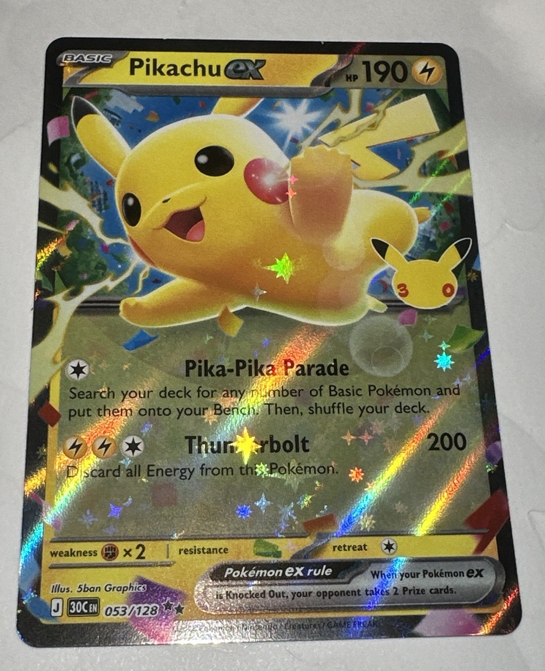 Pikachu ex 053/128 Holo Doppio Raro ME: 30° Celebrazione Pokemon Near Mint