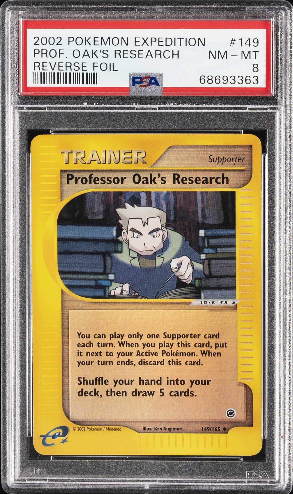 2002 POKEMON EXPEDITION #149 PROFESSOR OAK'S RESEARCH-REVERSE FOIL PSA 8