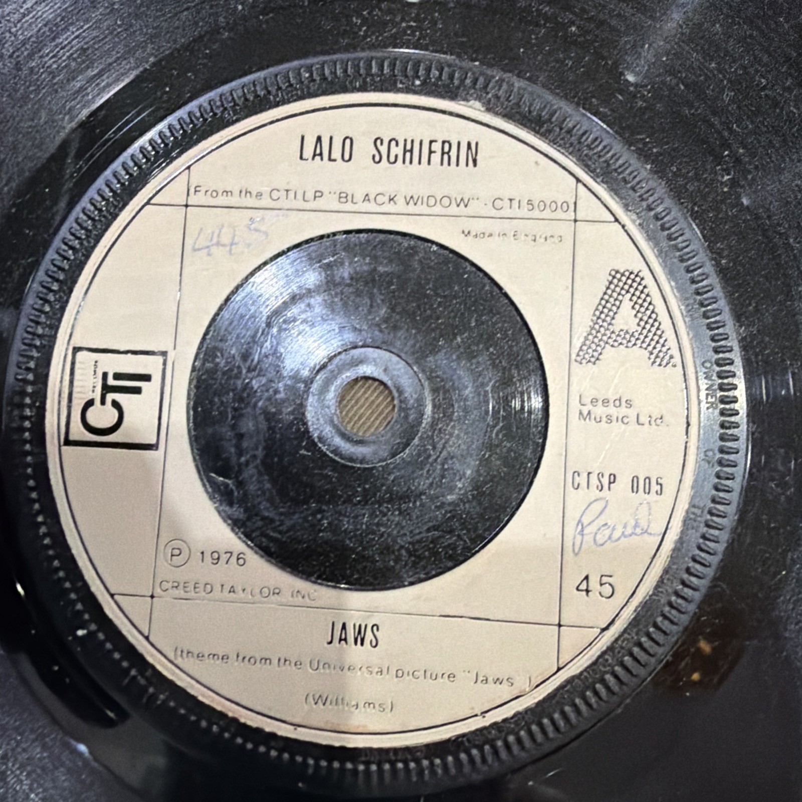 Lalo Schifrin Jaws 7" vinyl single record.