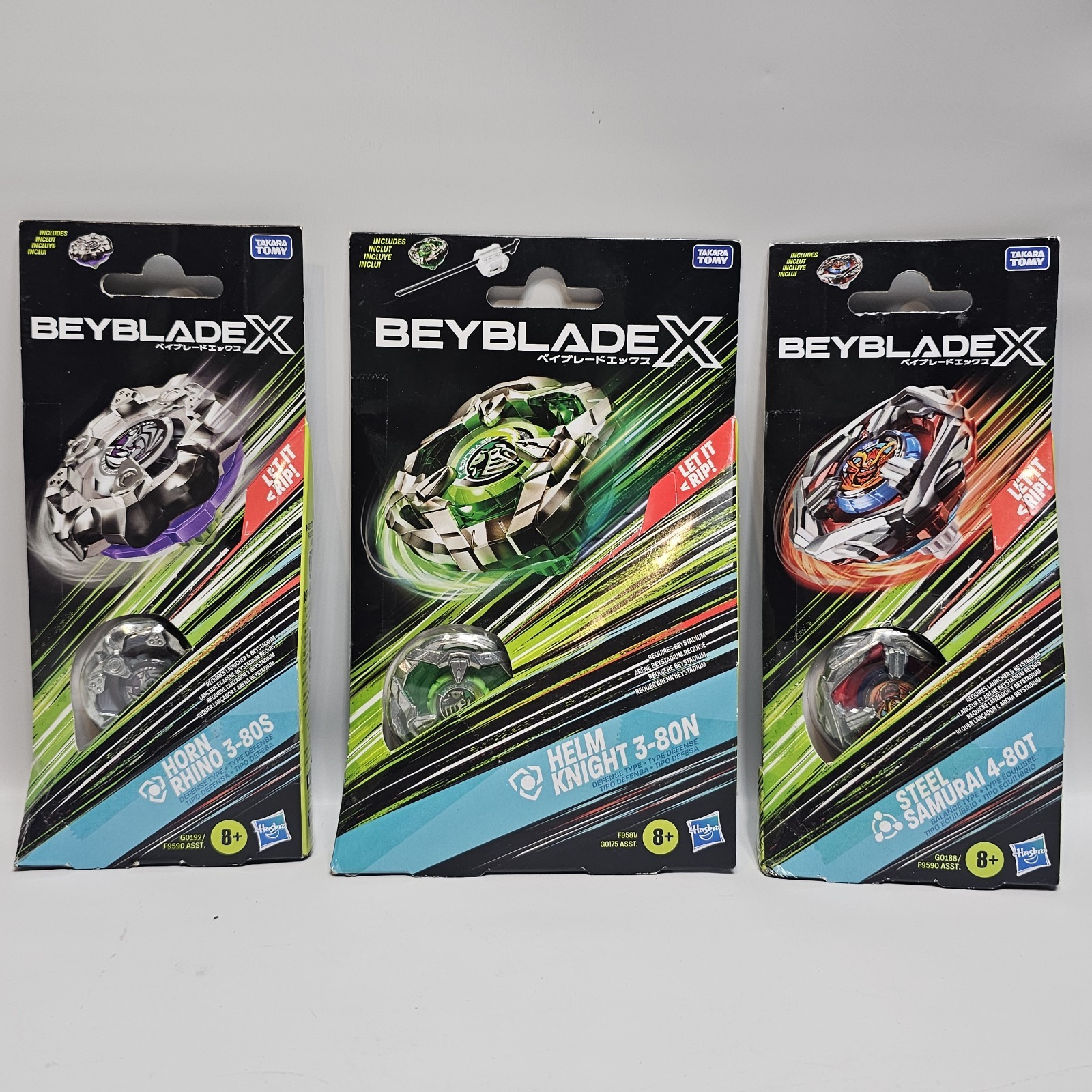 3 Beyblade X nuovi Elmetto Cavaliere 3-80N, Corno Rhino 3-80S, Acciaio Samurai 4-80T