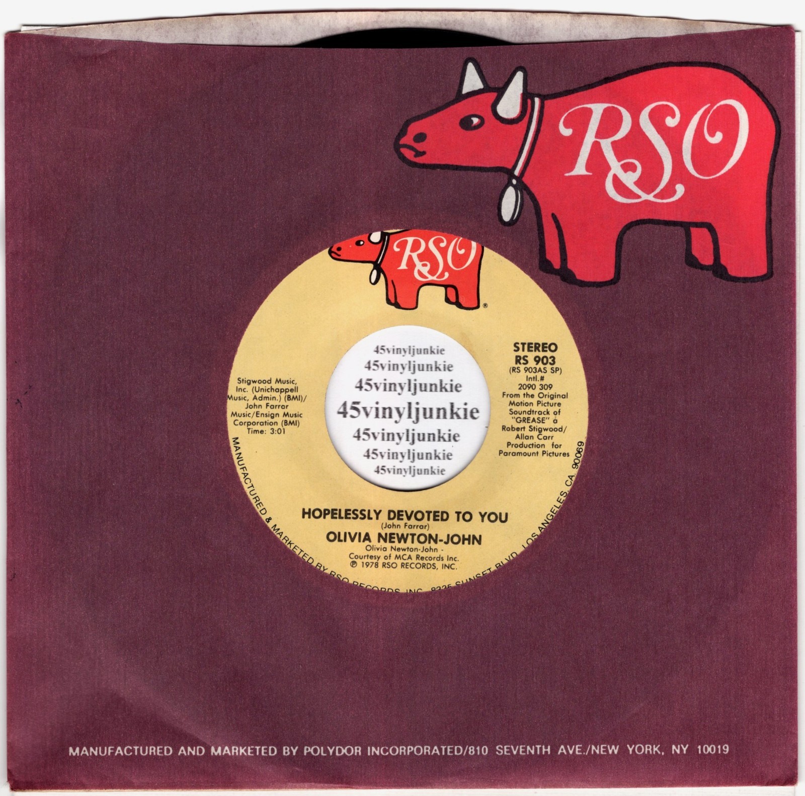 Olivia Newton-John NM 45 rpm "Hopelessly Devoted To You" on RSO Records