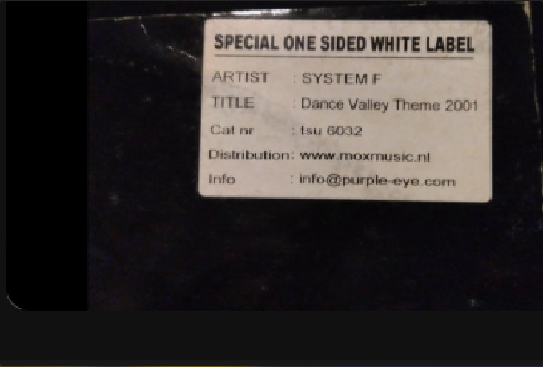 System F - Dance Valley Theme 2001 One Sided White Label Tsunami TSU 6032