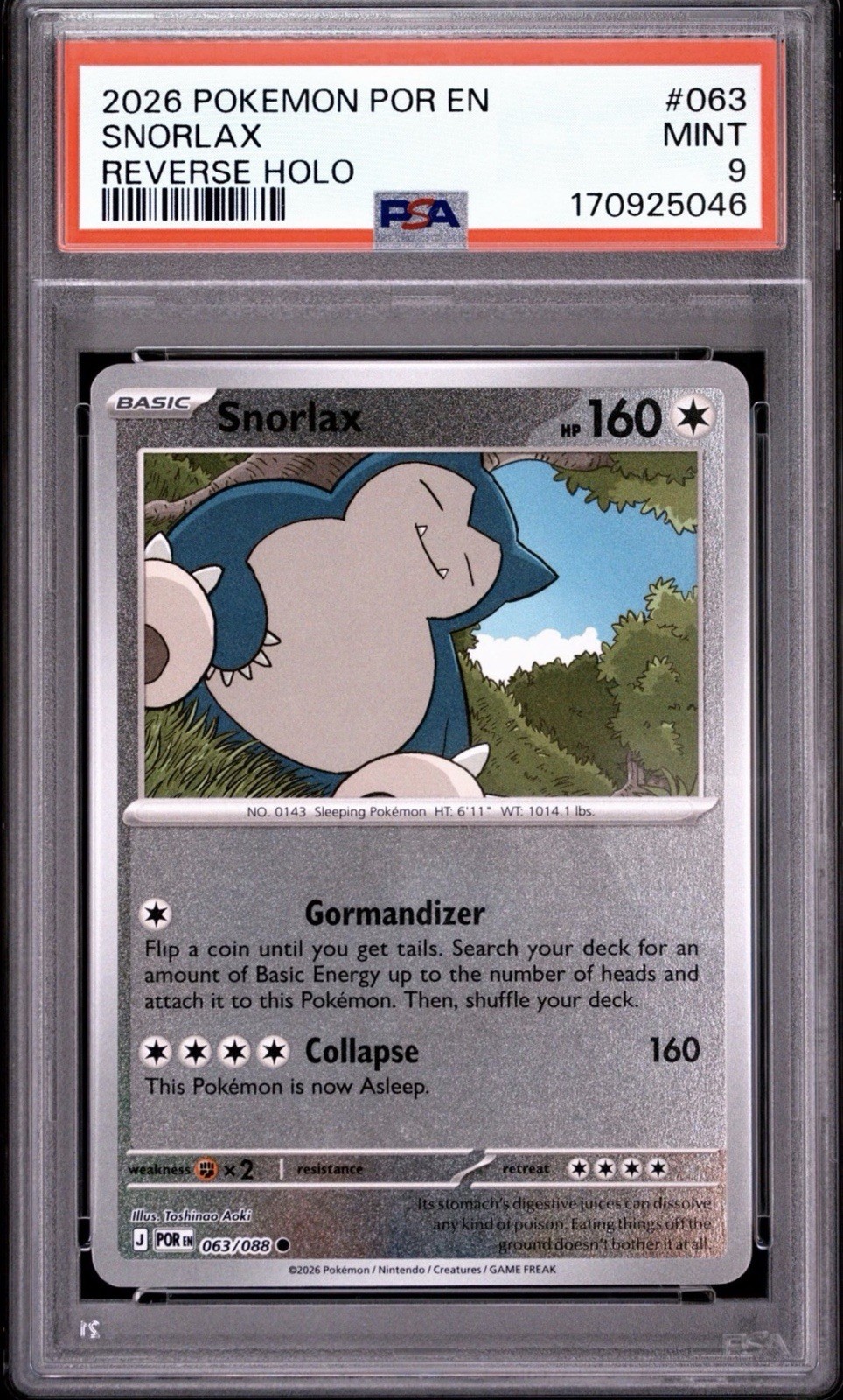 Pokémon 2026 Snorlax 063/088 Reverse Holo PSA 9 inglese Aoki #170925046