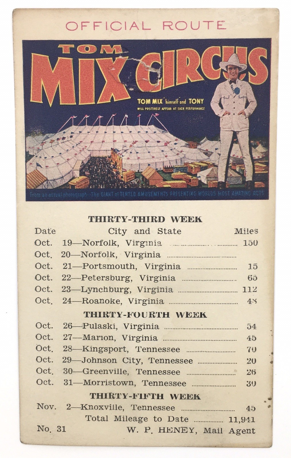 Tom Mix Circus Biglietto Itinerario Ufficiale Trenta Terza Settimana Spettacoli Miglia Città 33-35