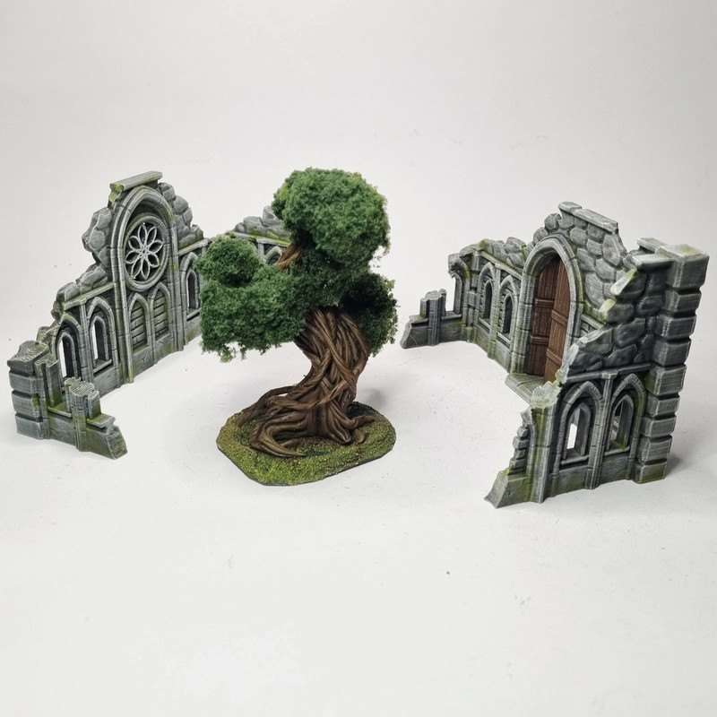 Muros y arbol miniaturas. Escenario de juegos dnd, rpg, warhammer, warcry, terreno miniaturas
