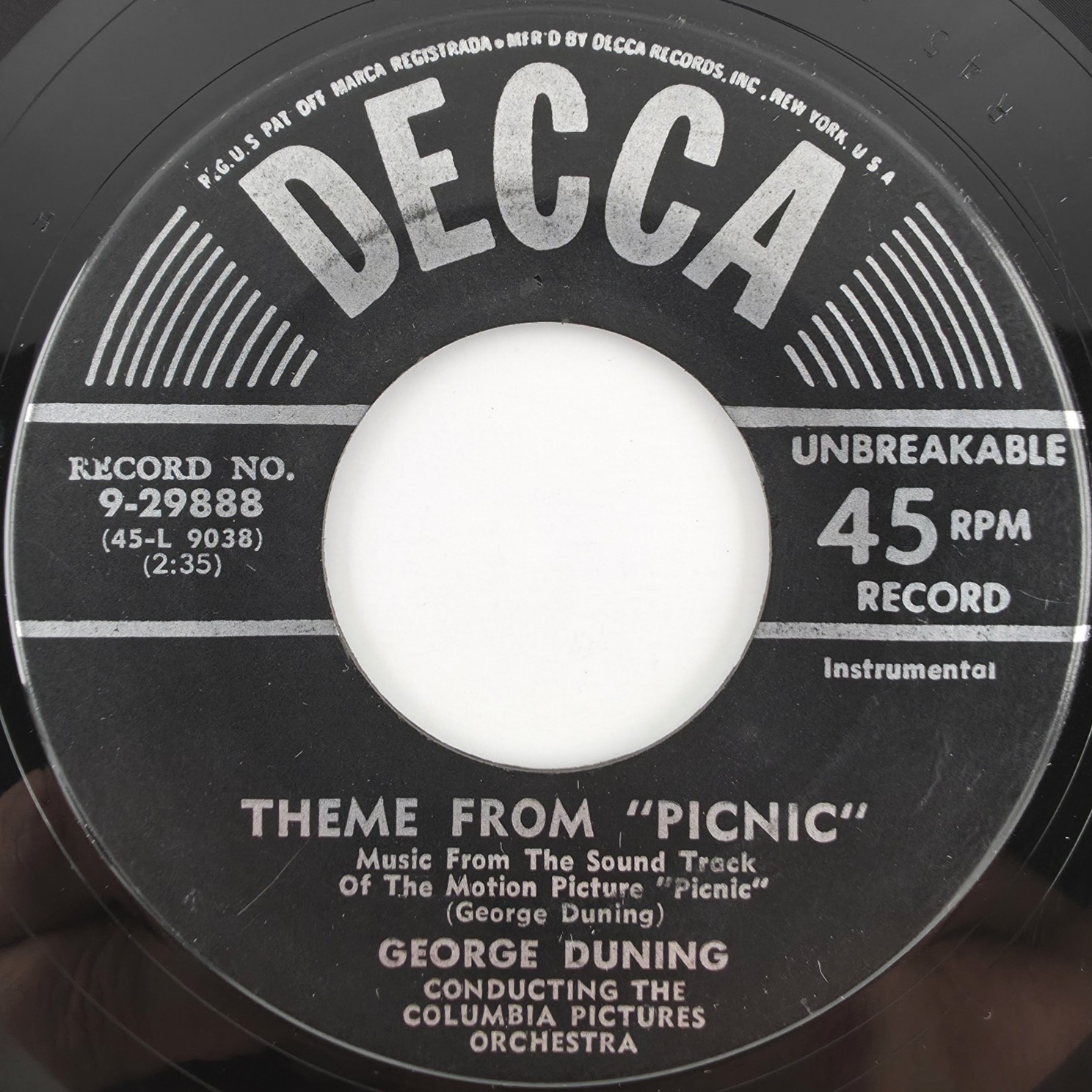 George Duning / Morris Stoloff – Theme From Picnic 1956 45 rpm 7" Record 9-29888