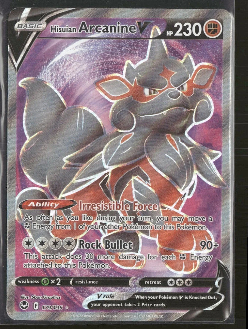Pokemon Hisuian Arcanine V 179/195 Full Art Silver Tempest SWSH12 NM TCG