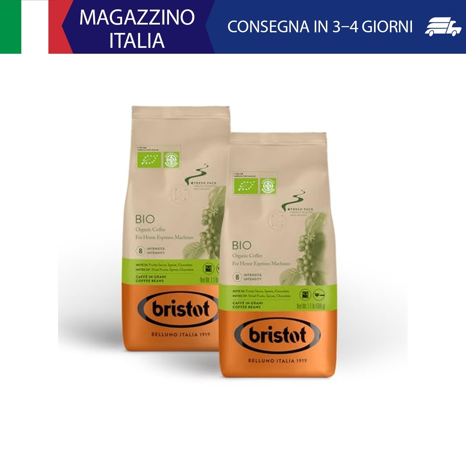 Bristot, Caffè Biologico in Grani - 1kg (2x500g) | Miscela biologica dal Centro