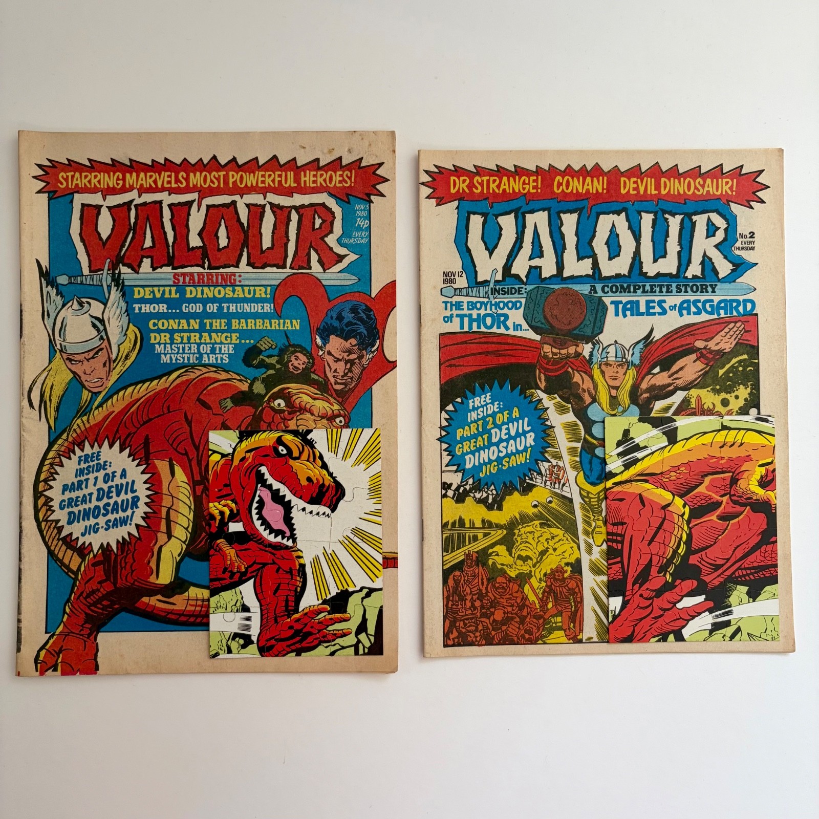 MARVEL UK Valour Comic Issues 1 & 2 (1980)  - Thor - Devil - Dinosaur Free Gifts